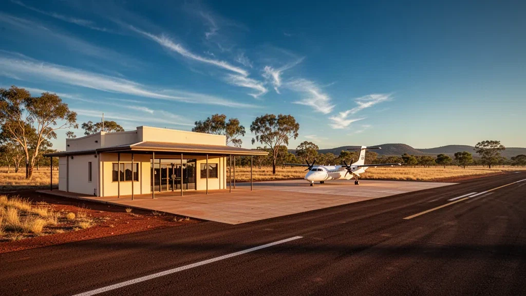 Regional terminal and apron at Greenvale Airport in outback Queensland with a parked commuter aircraft in warm afternoon light