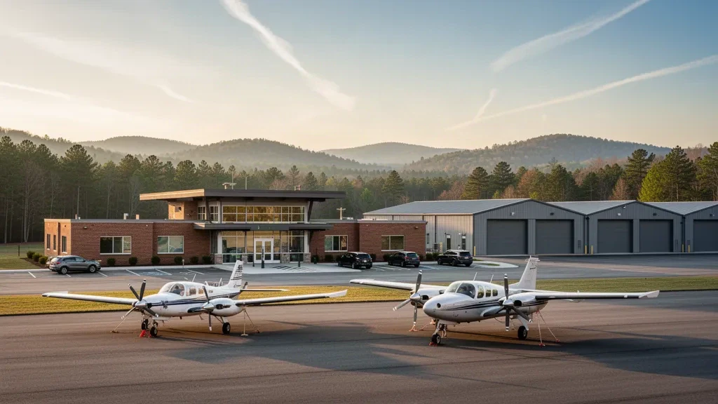 Vue à l'heure dorée de l'aéroport Lee Gilmer Memorial à Gainesville, en Géorgie, avec de petits avions légers stationnés sur l'aire de stationnement près du terminal et des hangars