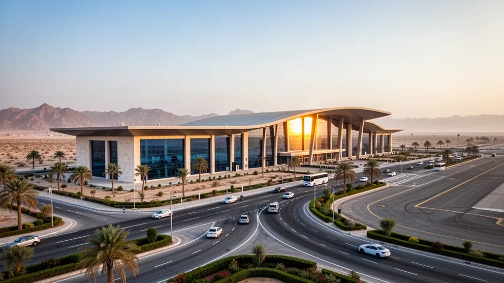 Moderne Glasfassade des Terminals am New Gwadar International Airport mit Zufahrtsstraßen und trockener Küstenlandschaft zur goldenen Stunde.