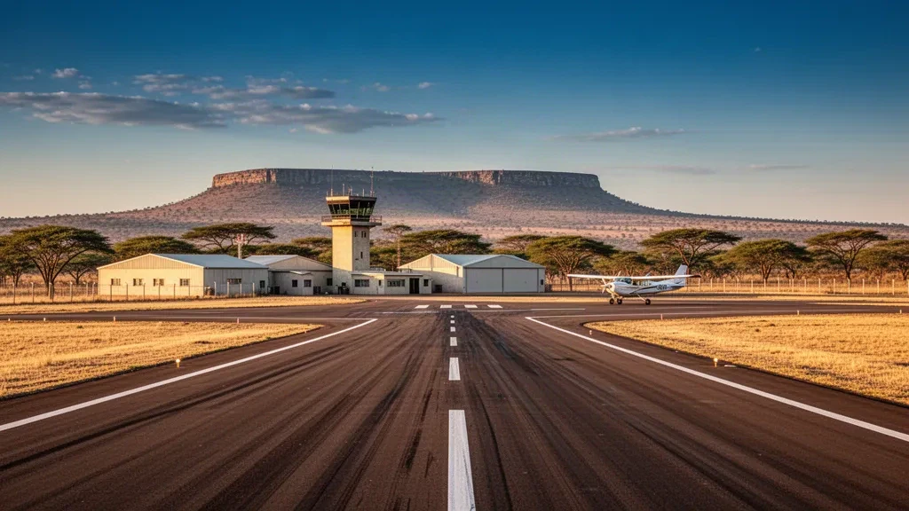 Runway, control tower and hangars at an airfield in Gweru, Zimbabwe, photographed at golden hour with dry highveld grassland beyond the perimeter.