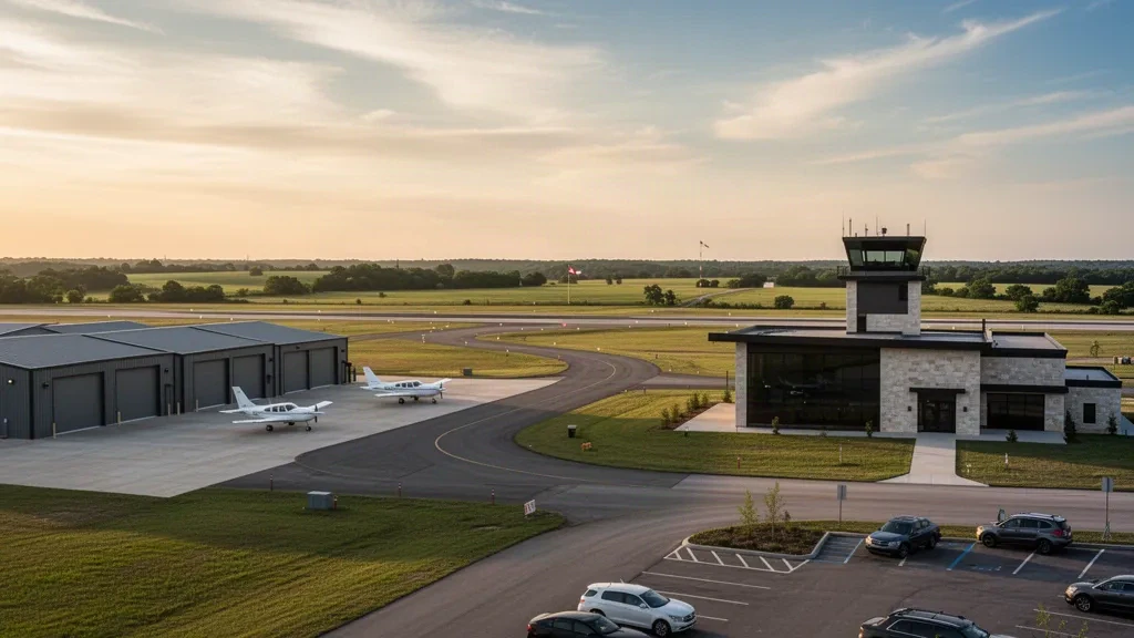 Terminal per aviazione generale, hangar e aerei leggeri sul piazzale dell'Aeroporto di Majors a Greenville, Texas, durante l'ora d'oro