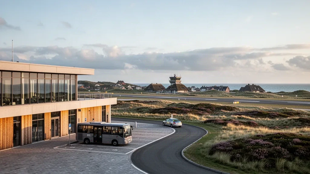 Low-rise glass terminal and apron at Sylt Airport near Westerland, framed by North Sea dunes and heathland at golden hour.