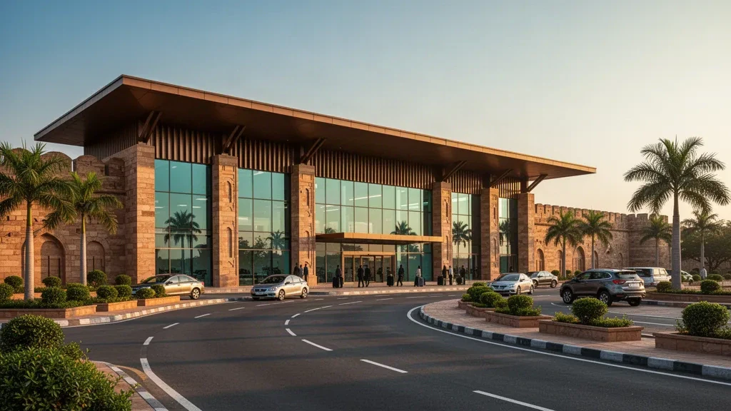 Altın saatlerde modern Gwalior Havalimanı terminalinin dış cephesi, cam cephe, palmiye ağaçlarıyla çevrili bırakma yolu ve bekleyen arabalar