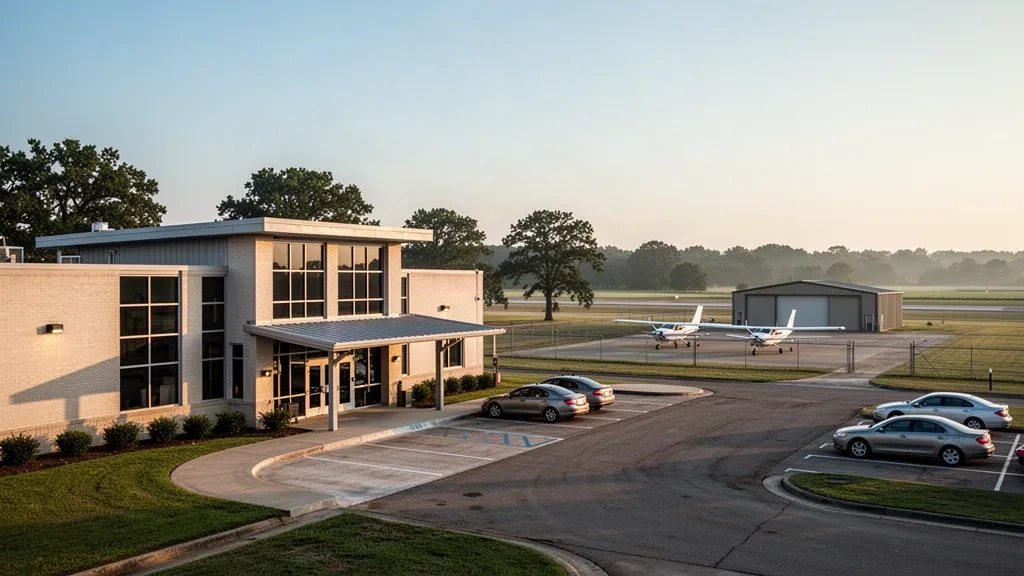 Terminal entrance and apron at Greenwood–Leflore Airport in Mississippi during golden hour