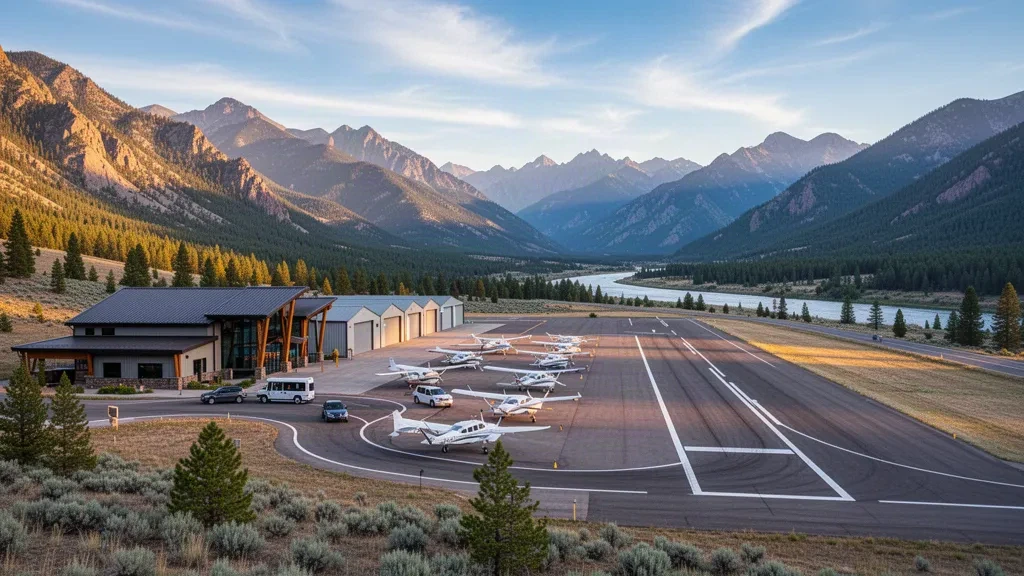 Pequeño aeropuerto de montaña en Colorado cerca de Glenwood Springs con pista, hangares y crestas montañosas a la hora dorada