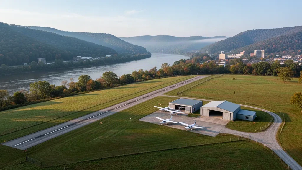 Small general aviation airfield with hangars and light aircraft beside the Ohio River in Glen Dale, West Virginia