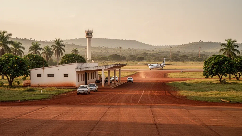 Terminal baja encalada y camino de acceso de tierra roja en el Aeropuerto de Negage, en la provincia de Uíge, Angola, con luz cálida de finales de la tarde