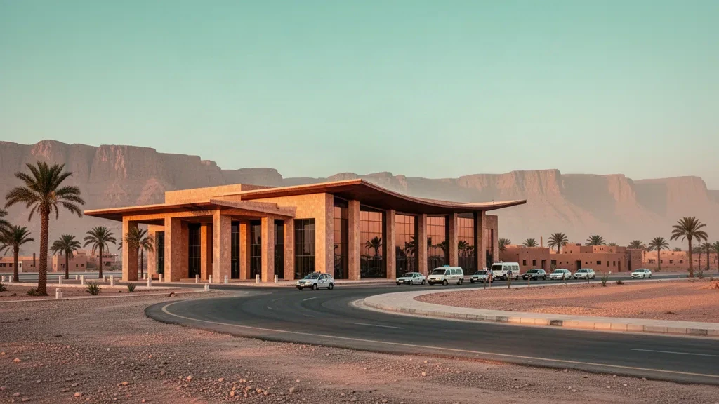 Außenansicht eines modernen Terminals am internationalen Flughafen Seiyun Hadhramaut im Jemen, eingerahmt von Wüstenklippen und Palmenhainen zur goldenen Stunde