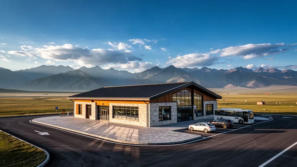 Moderna terminal de cristal del Aeropuerto de Gannan Xiahe en la pradera de la meseta tibetana, enmarcada por montañas lejanas bajo una luz de hora dorada