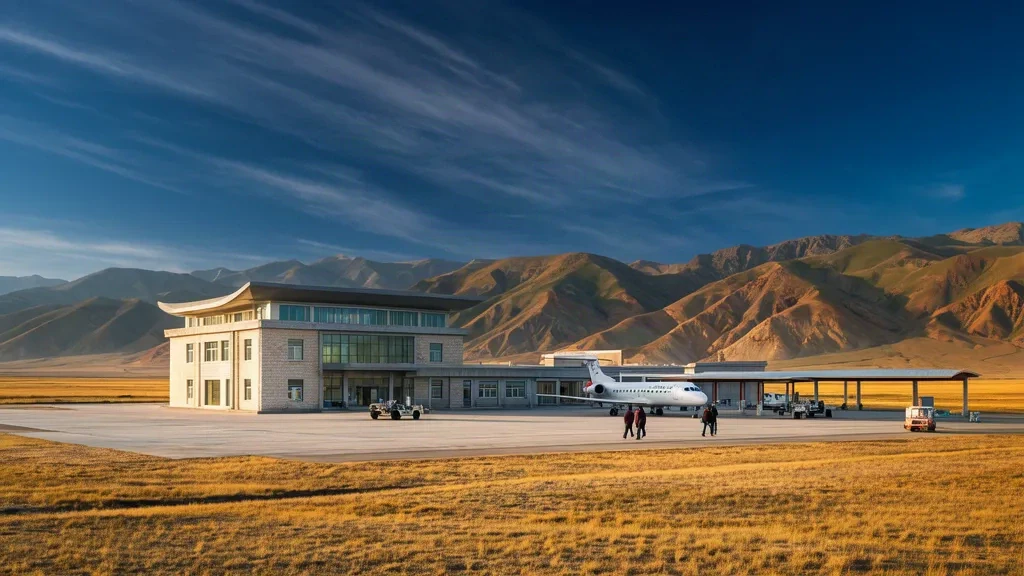Edificio de la terminal del Aeropuerto de Gannan Xiahe en la meseta tibetana de gran altitud en Gansu, China, enmarcado por crestas montañosas lejanas bajo un cielo azul despejado