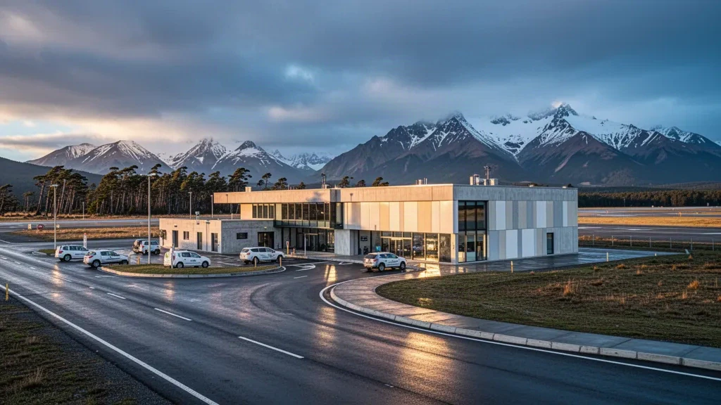 Terminal and drop-off lane at Teniente Vidal Airport in Coyhaique, Chilean Patagonia, with snowy Andes peaks beyond the runway