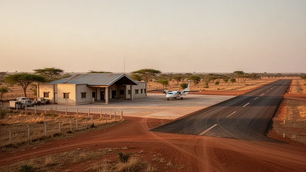 Kleines regionales Terminal, Vorfeld und Startbahn am Flughafen Yagoua in der Sahellandschaft des äußersten Nordens von Kamerun zur goldenen Stunde
