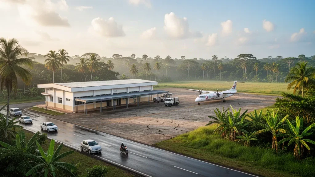 Guayaramerín Airport terminal and apron in the Bolivian Amazon, surrounded by tropical vegetation with a regional turboprop aircraft