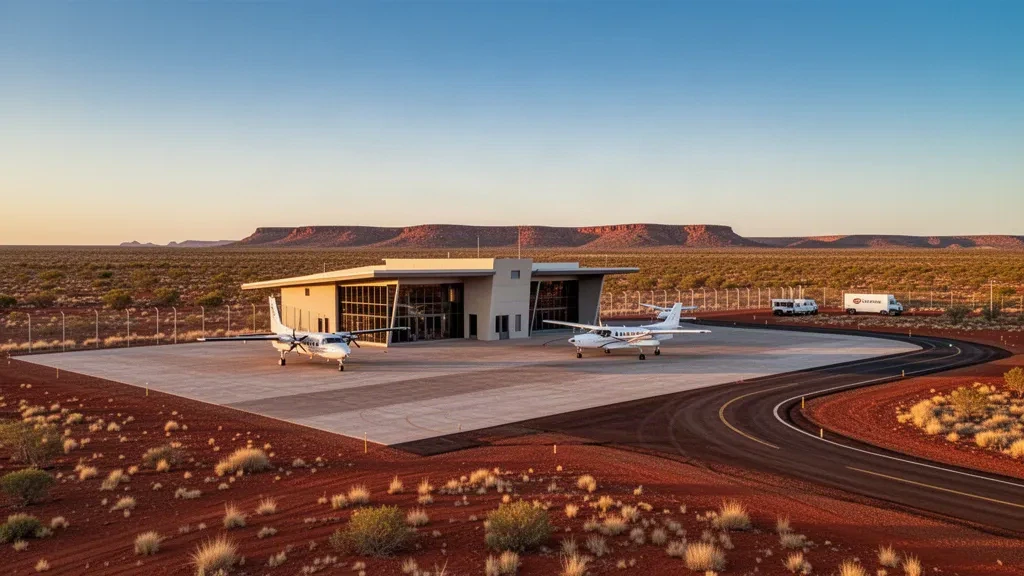 Remote Pilbara airstrip terminal near Port Hedland at golden hour, with small charter aircraft parked on the apron