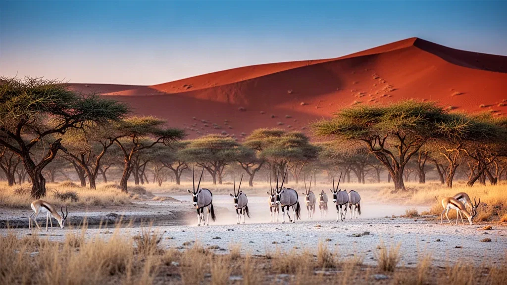 Oryxantilope läuft durch das trockene Auob-Flussbett unter roten Kalahari-Dünen im Kgalagadi Transfrontier Park, Botswana