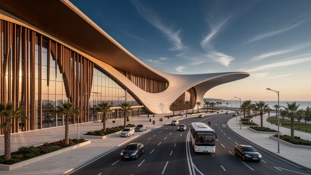 Extérieur moderne du terminal en verre et voies de dépose à l'aéroport international Heydar Aliyev à Bakou à l'heure dorée