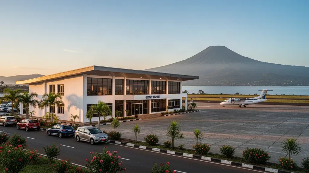 Gisenyi Airport terminal in Rubavu, Rwanda, with its quiet apron and the green hills above Lake Kivu in warm late-afternoon light.