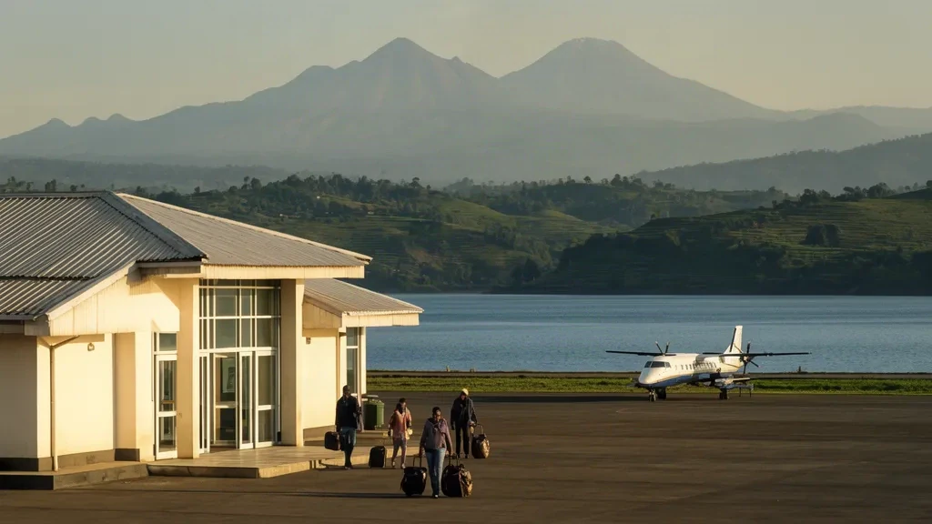 Gisenyi Airport GYI terminal and apron in Rubavu, Rwanda, with Lake Kivu and the Virunga hills in the background