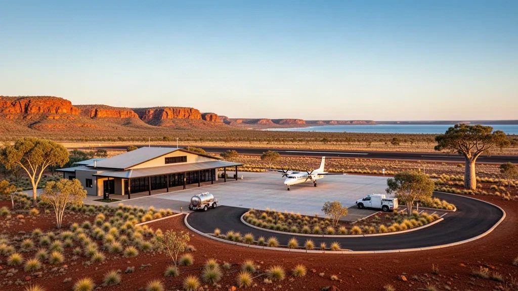 Single-storey terminal and runway at Argyle Airport in Western Australia's Kimberley, framed by red outback terrain at golden hour.
