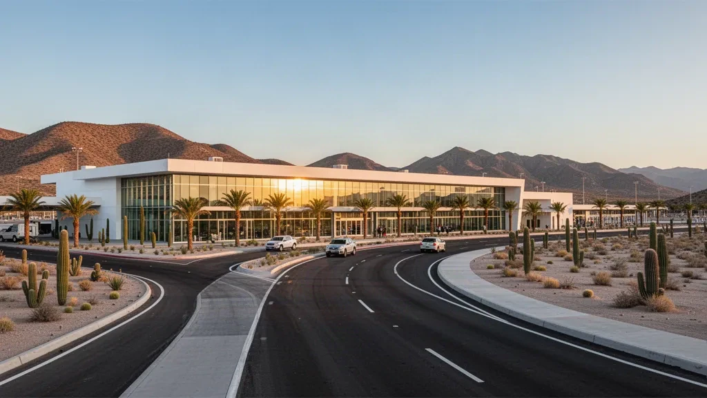 Meksika'nın Guaymas kentindeki General José María Yáñez Uluslararası Havalimanı'nda altın saatlerde modern cam terminal ve yolcu indirme şeritleri.
