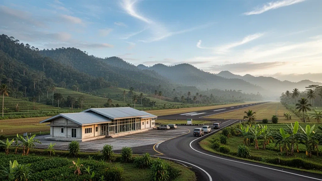 Small regional airport terminal with a mountain-backed runway in the tropical Gayo highlands of Aceh, Indonesia, under late-afternoon light.