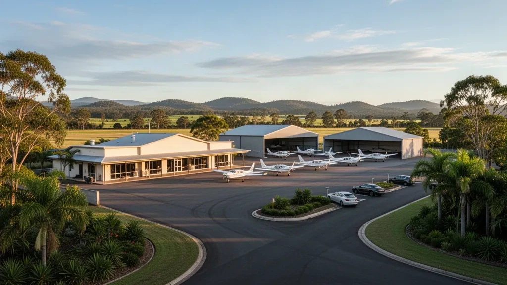 Petit avion léger stationné sur le tarmac à côté du terminal régional bas de l'aéroport de Gympie, dans le Queensland subtropical, sous une chaude lumière dorée