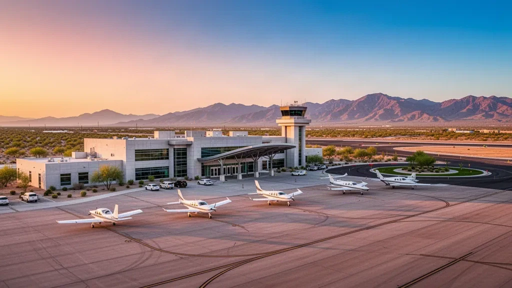 Golden hour'da Phoenix Goodyear Havalimanı terminali ve güneşle aydınlanan çöl apronu, hafif uçaklar ve arkada Estrella Dağları