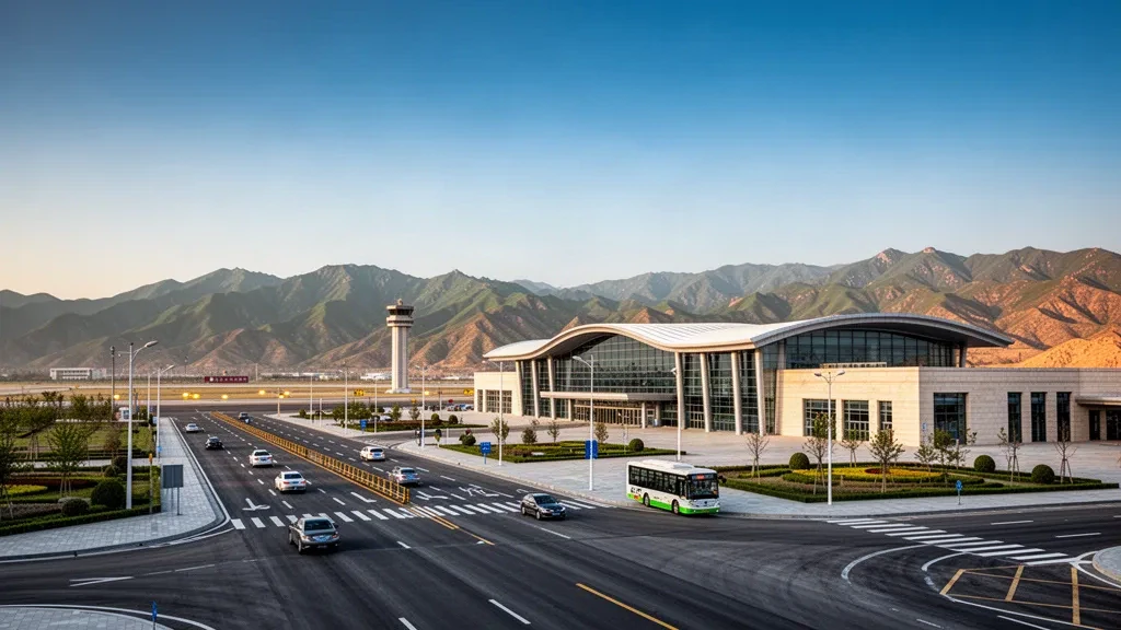Extérieur moderne d'un terminal en verre et voies d'accès à l'aéroport de Guyuan Liupanshan dans le Ningxia, en Chine, à l'heure dorée.