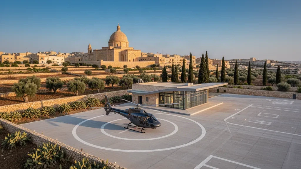 Ziviler Hubschrauber auf dem Landeplatz am Xewkija Heliport in Gozo, Malta, mit Kalksteinterrassen und der Kuppel der Dorfrotunde im goldenen mediterranen Licht.