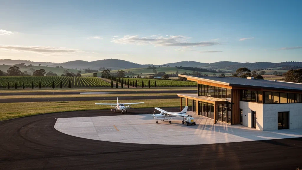 Vista durante la hora dorada de la plataforma del aeropuerto de Gruyere GYZ, aviones ligeros estacionados y una moderna terminal regional entre viñedos victorianos