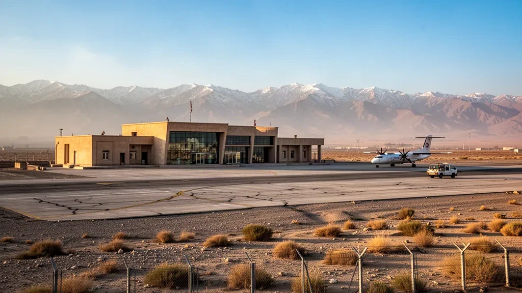 Afganistan'daki Gazne Havalimanı'nda sıcak akşamüstü ışığı altında alçak terminal binası, boş apron ve kurak yayla manzarası.