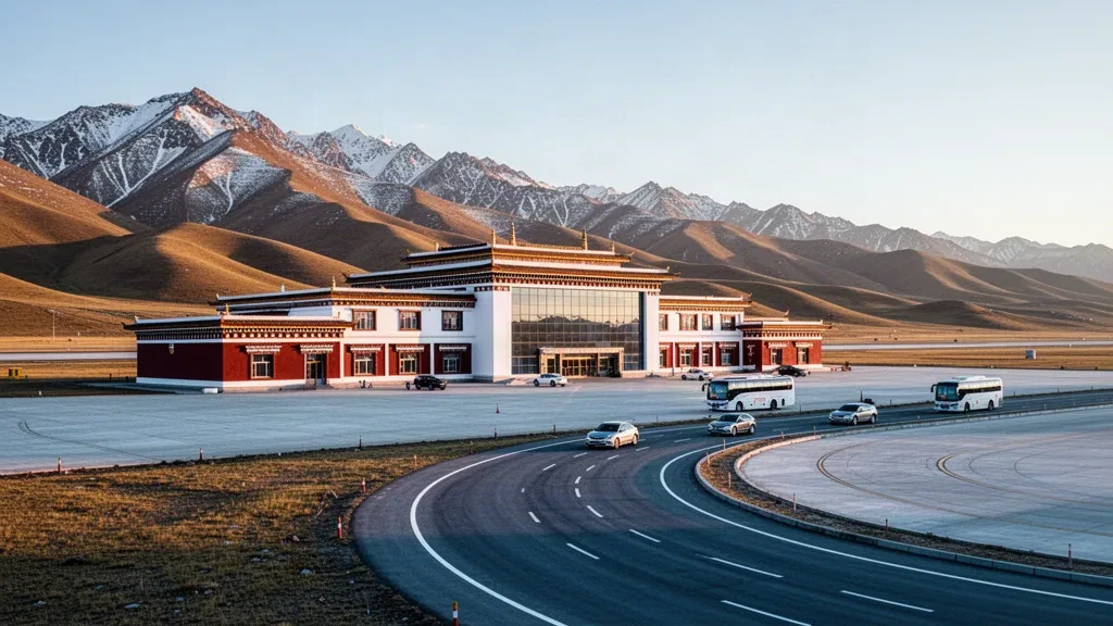 Modernes Terminal im tibetischen Stil mit Bergkulisse am Flughafen Garze Gesar auf dem Hochland von Sichuan im warmen Licht der goldenen Stunde