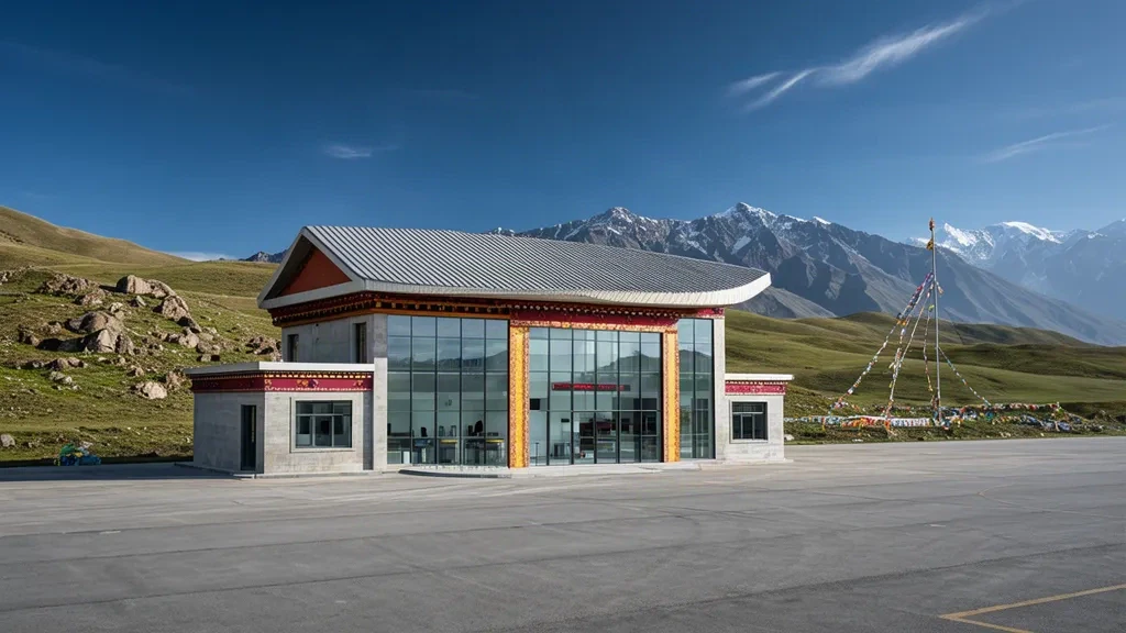 Terminal moderna de baja altura del aeropuerto de Garze Gesar en la meseta tibetana de Sichuan, con crestas montañosas nevadas al fondo