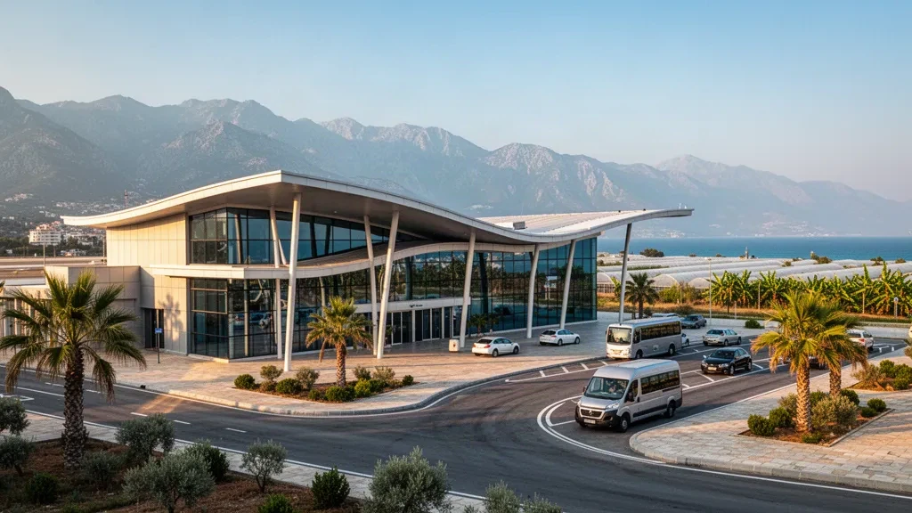 Extérieur moderne du terminal vitré de l'aéroport de Gazipaşa-Alanya avec des palmiers, une voie de dépose courbe et les montagnes méditerranéennes en arrière-plan