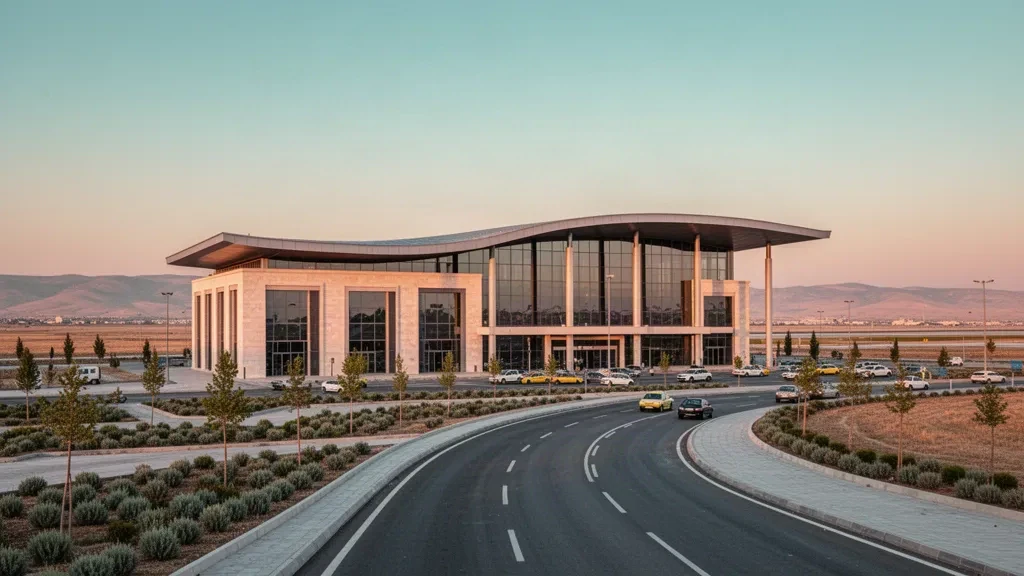 Terminal moderno in vetro e strada di accesso curva all'Aeroporto Internazionale di Gaziantep Oğuzeli nella calda luce dell'ora d'oro