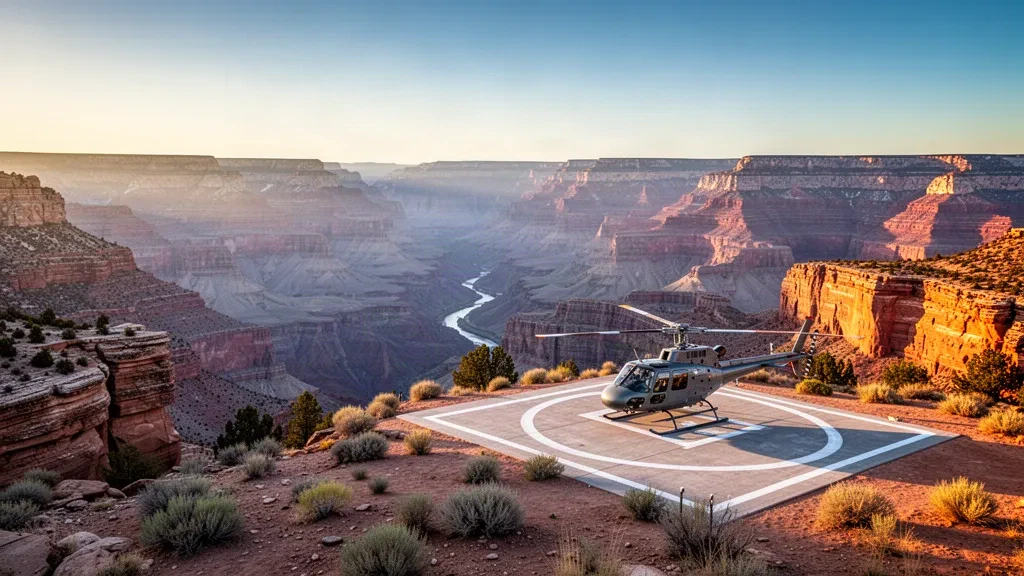 Helicopter on the landing pad at Lava Falls Heliport overlooking the red rock cliffs of the Grand Canyon at golden hour