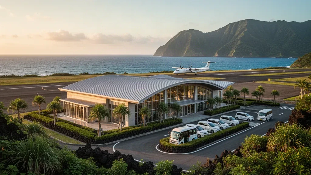 Terminal de l'aéroport de Hachijojima sur l'île de Hachijō-jima au Japon, avec toit courbé, façade vitrée et vue sur l'océan à l'heure dorée.