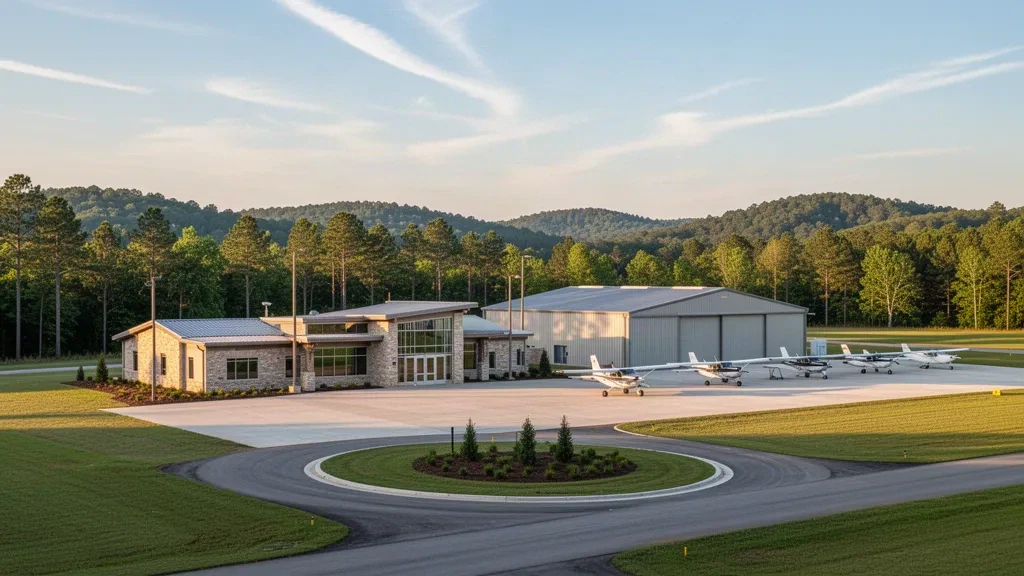 Hamilton, Alabama'daki Marion County-Rankin Fite Havalimanı'nda terminal, hangarlar ve park etmiş küçük uçakların sıcak öğleden sonra ışığındaki geniş görünümü.