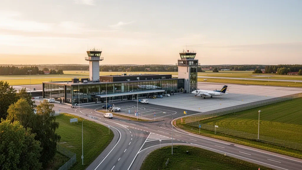 İsveç'teki Halmstad Havalimanı'nda modern cam terminal binası, erişim yolu, park halindeki uçaklar ve yumuşak gün ışığı altında çevredeki yeşil manzara.