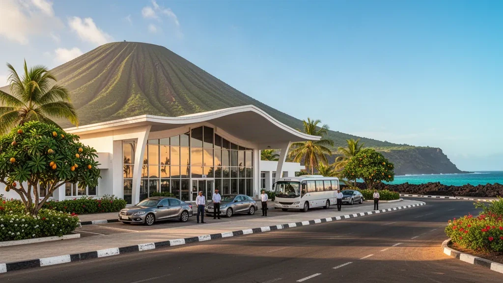 Tropical terminal exterior and palm-lined drop-off lane at Prince Said Ibrahim International Airport in Moroni, Comoros