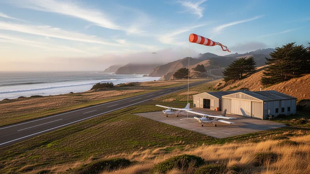 Aeródromo de aviación general costero en el aeropuerto de Half Moon Bay, California, con aviones ligeros aparcados, hangares y niebla del Pacífico durante la hora dorada.