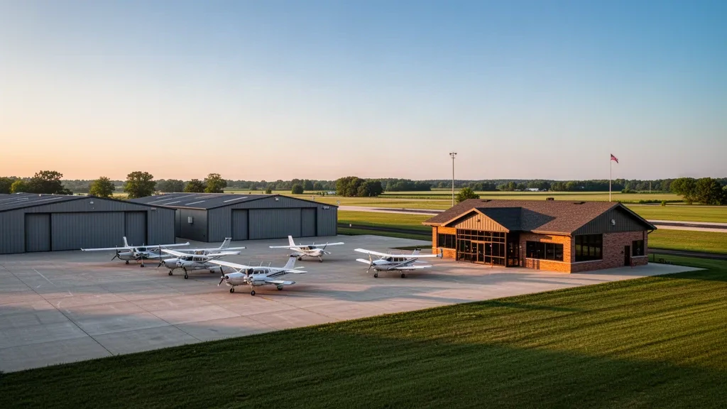 Einmotoriges Flugzeug auf dem Vorfeld vor dem kleinen Terminal am Three Rivers Municipal Dr. Haines Airport in Michigan