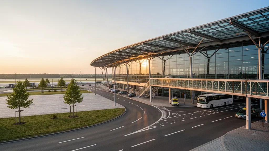 Moderne geschwungene Glasfassade des Terminals und Vorfahrspuren am Flughafen Hannover in Langenhagen im warmen Licht der goldenen Stunde