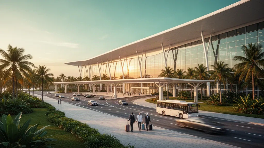 Modern curved terminal exterior and palm-lined access road at Haikou Meilan International Airport during golden hour in Hainan