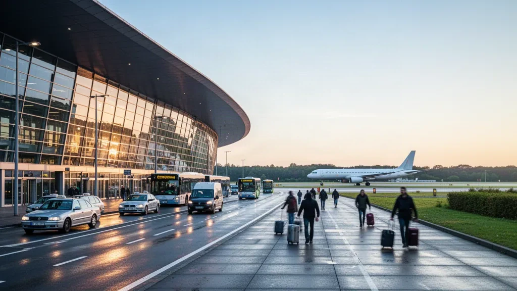 Moderne Glasfassade des Terminals und Vorfahrtsbereiche zum Aussteigen am Flughafen Hamburg Helmut Schmidt im warmen Licht der goldenen Stunde