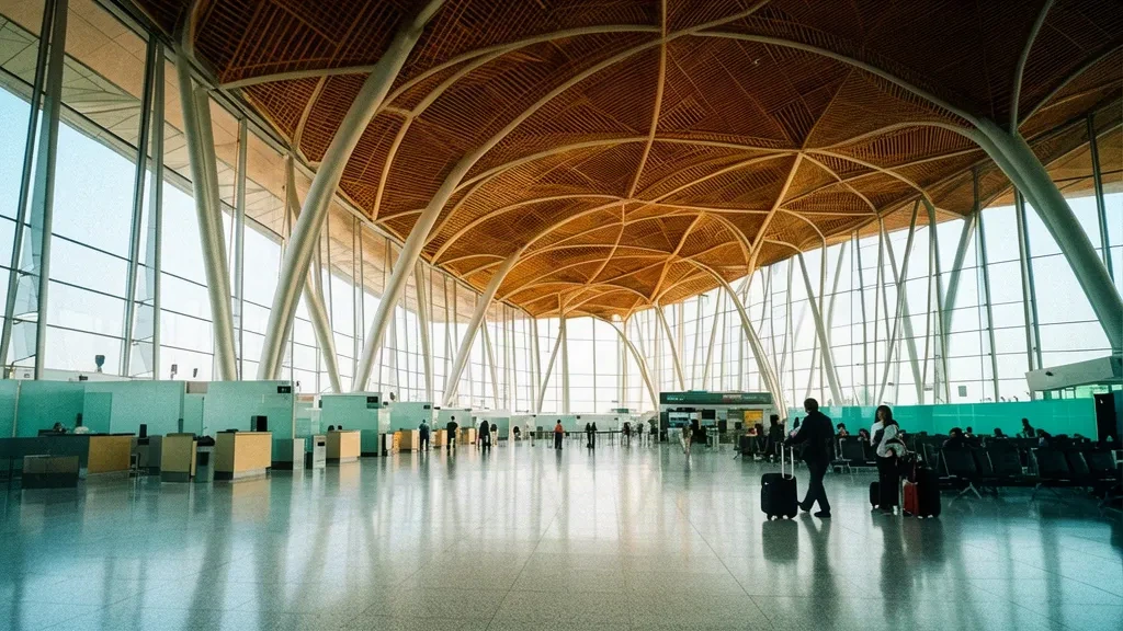 Sonnenbeschienene Abflughalle im Terminal 2 des internationalen Flughafens Noi Bai in Hanoi mit Reisenden und Check-in-Schaltern
