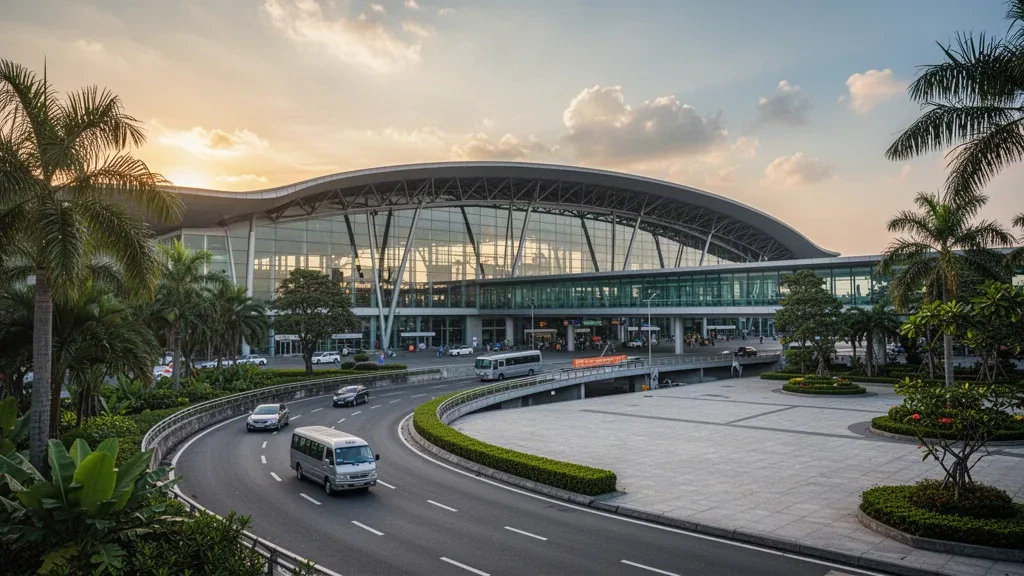 Extérieur moderne du terminal aux verrières courbes et voies de dépose à l'aéroport international de Noi Bai à Hanoï à l'heure dorée
