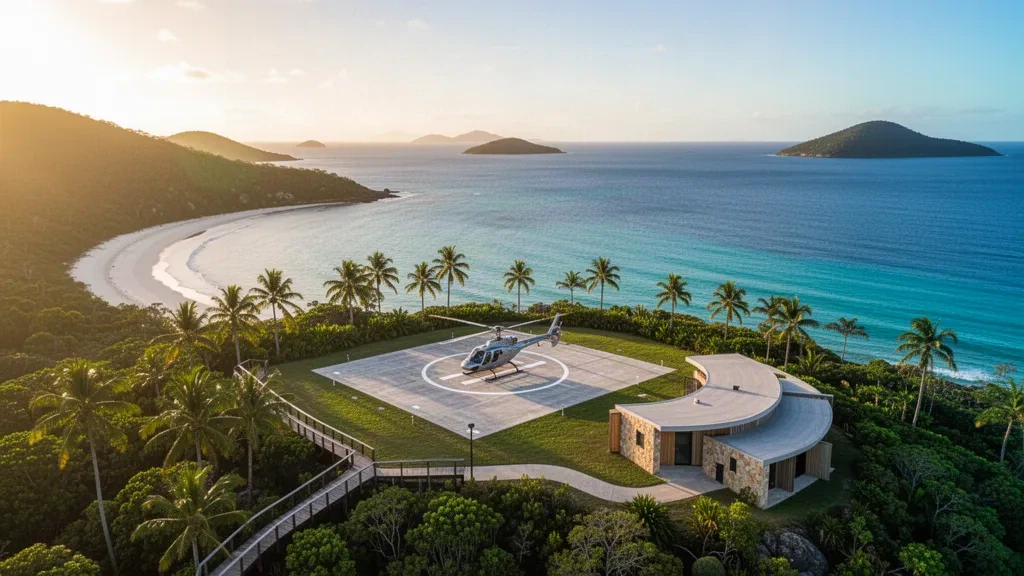 Aerial view of Happy Bay Helipad on Long Island in the Whitsundays, with a helicopter on the pad above turquoise Coral Sea water at golden hour.