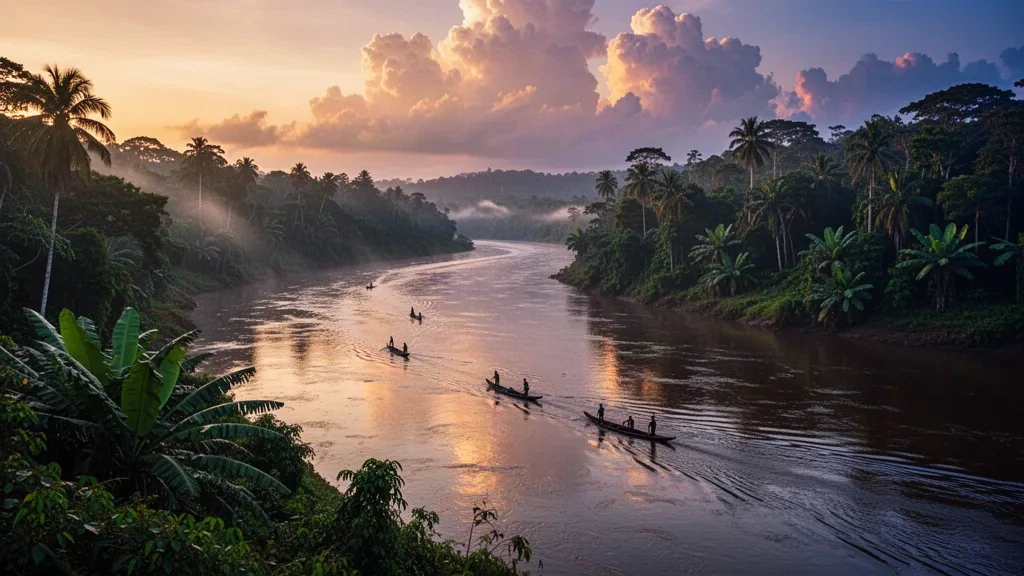 Fiume Congo nell'ora dorata con piroghe tradizionali scavate e fitta foresta pluviale equatoriale lungo le rive nella Repubblica Democratica del Congo