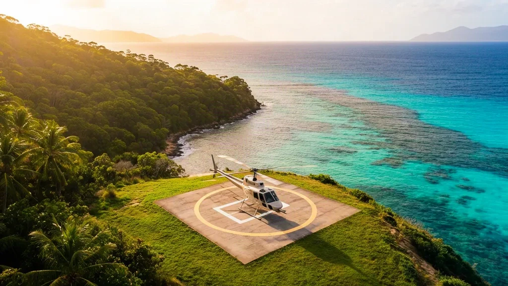 Helicopter parked on the Happy Bay Helipad on Long Island in the Whitsundays, with turquoise Coral Sea water and green island bushland beyond
